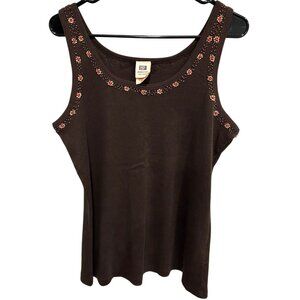 Vintage Brown Ribbed Tank Top Beaded Floral Accent Faded Glory Size 16W Cotton